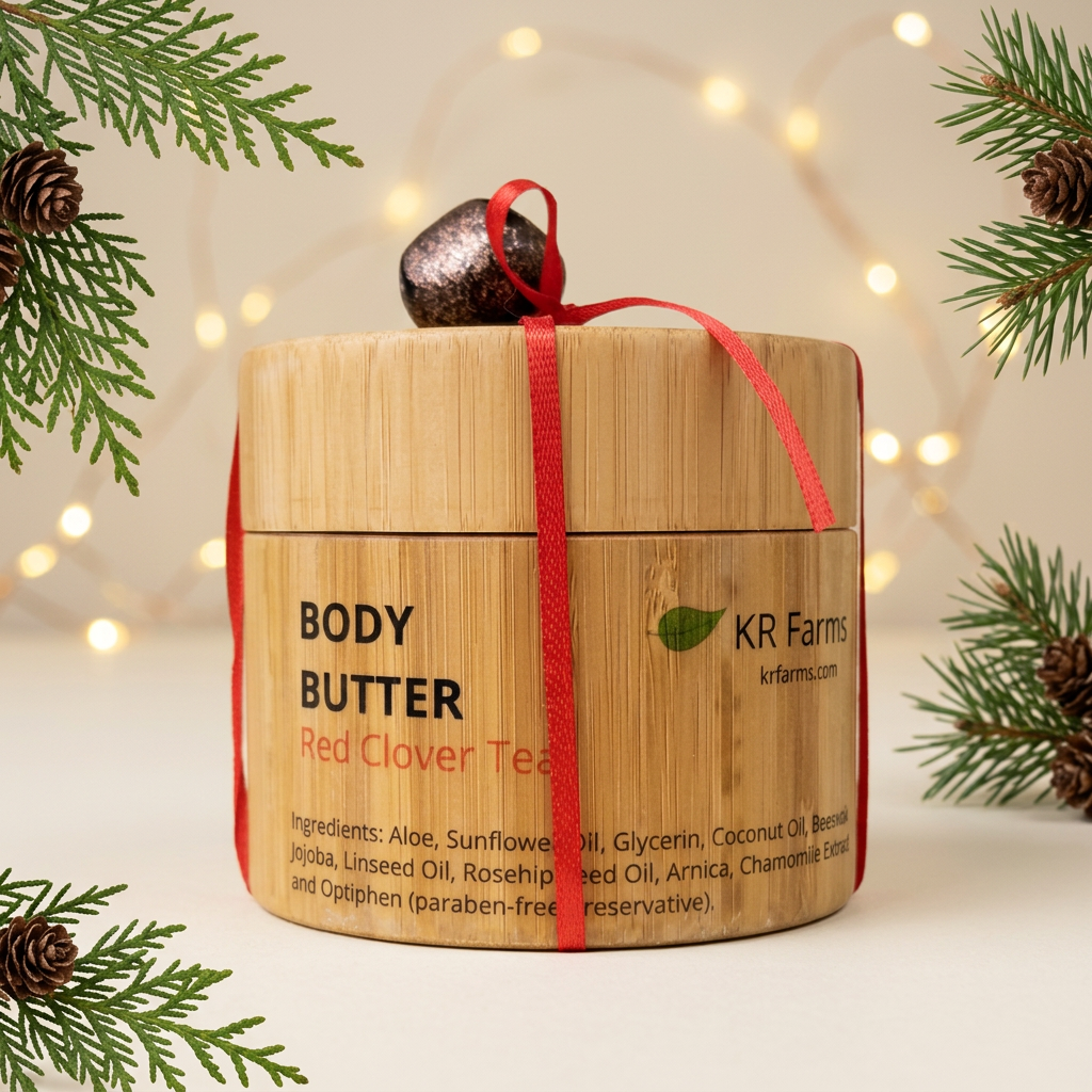 Body butter Christmas gift photo with warm golden lights and evergreen accents