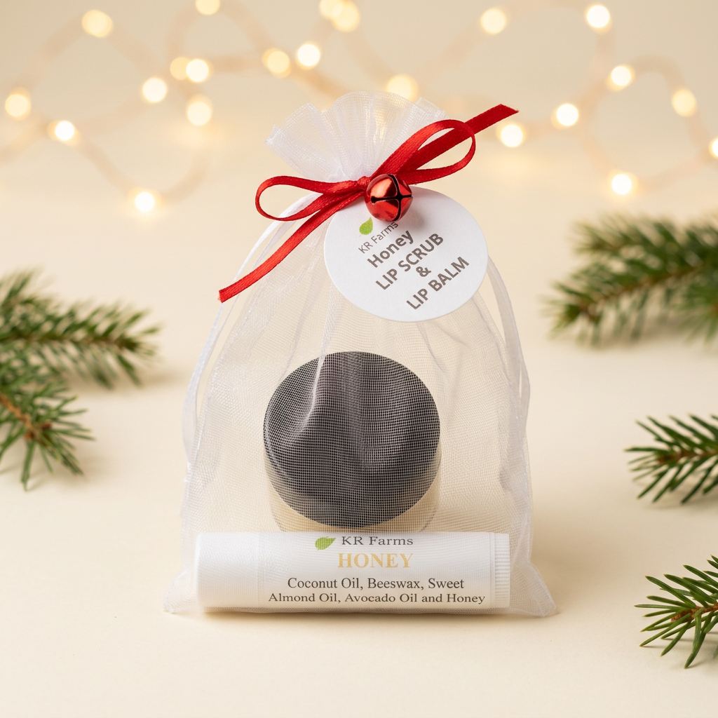 Honey lip balm and scrub gift set with warm Christmas lights and evergreen accents