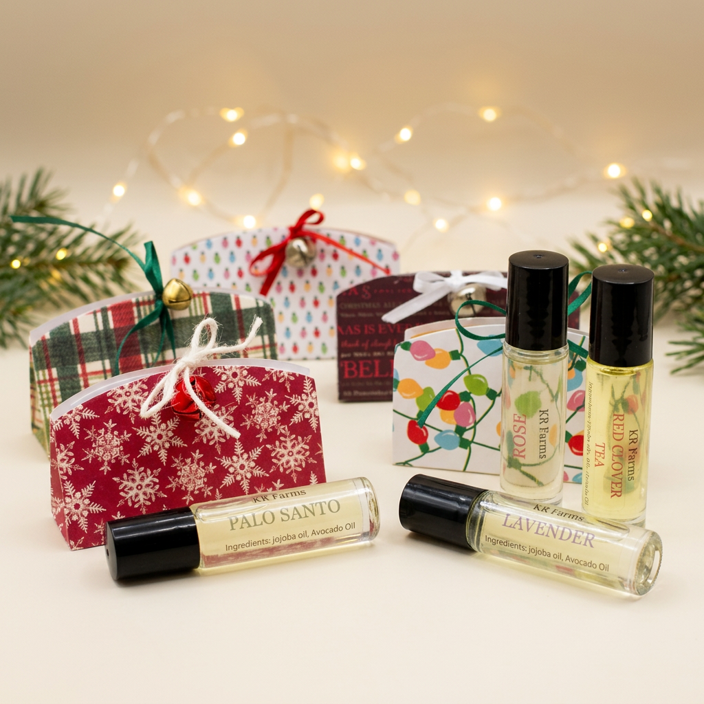 KR Farms roller ball perfumes and festive holders with warm holiday styling