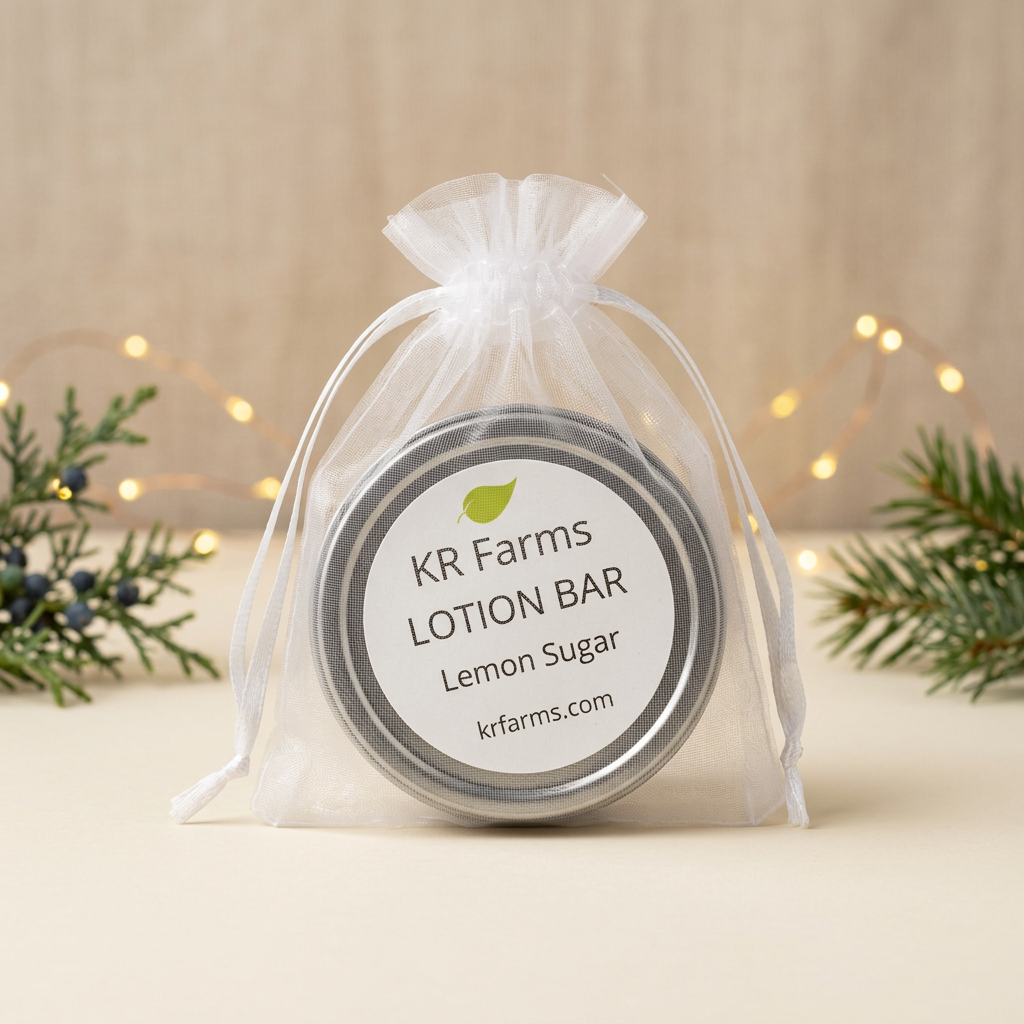 Lemon Sugar lotion bar with warm holiday lights and evergreen accents