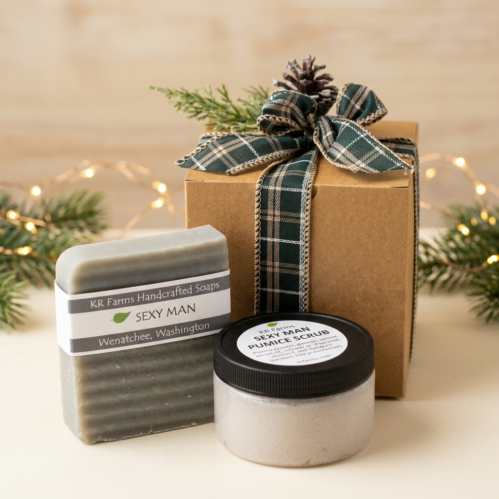Sexy Man soap and pumice scrub gift set with warm holiday styling