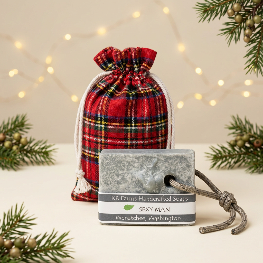 Sexy Man soap on a rope with tartan gift bag and warm holiday styling