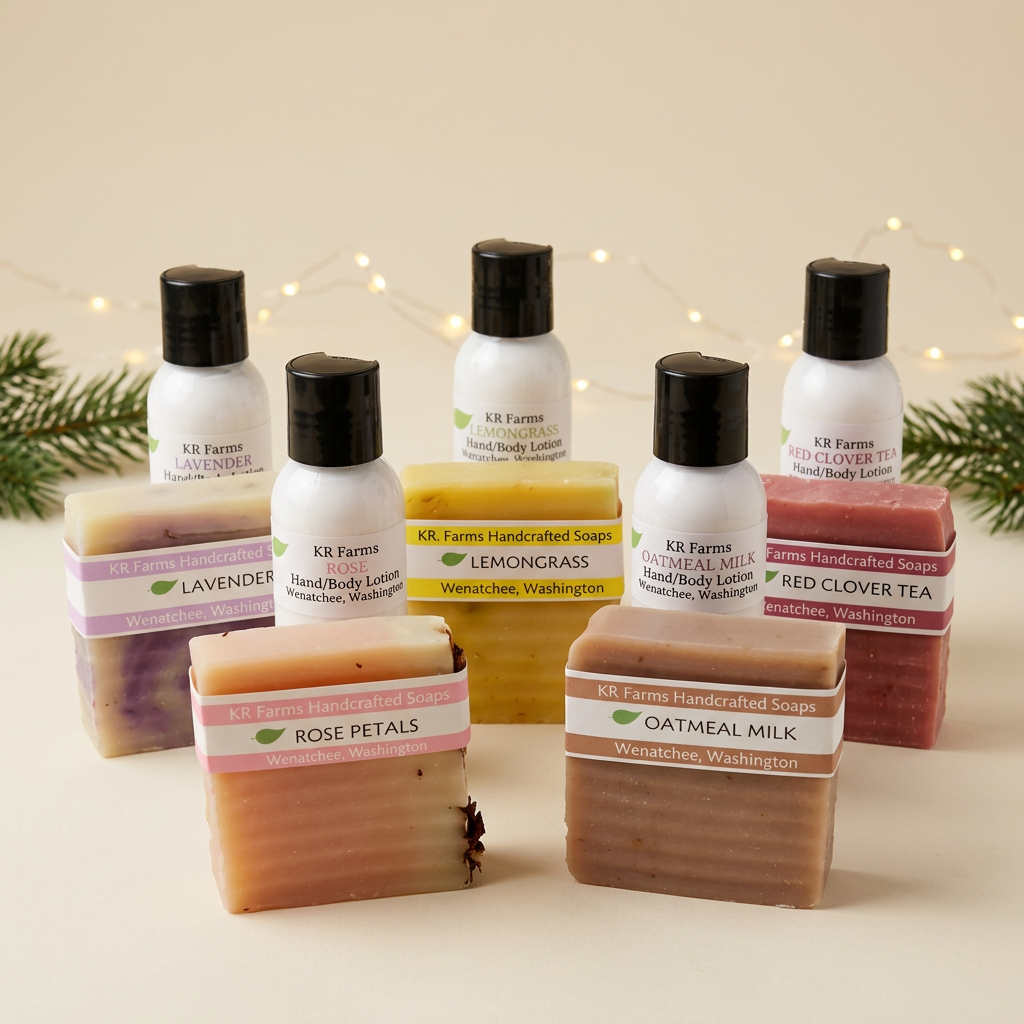 Soap and lotion gift-bag contents in a coordinated holiday setting
