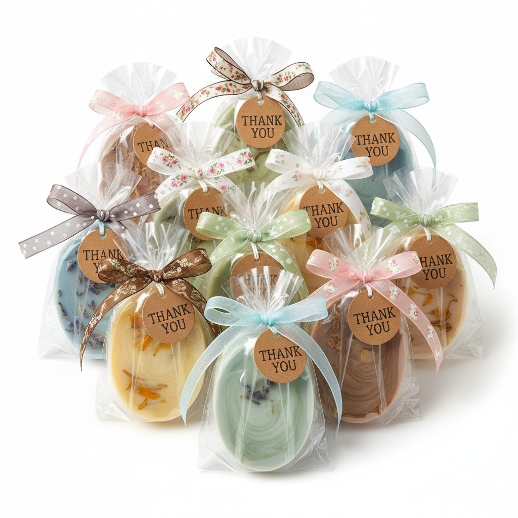 Soaps wrapped in cellophane with ribbons